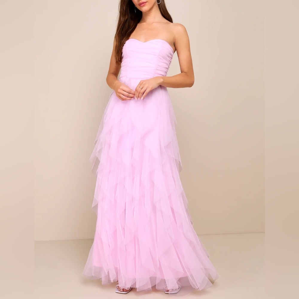 Lulus Pink Mesh Strapless Tiered Ruffled Maxi Dress Princess Prom Fairy Elegant